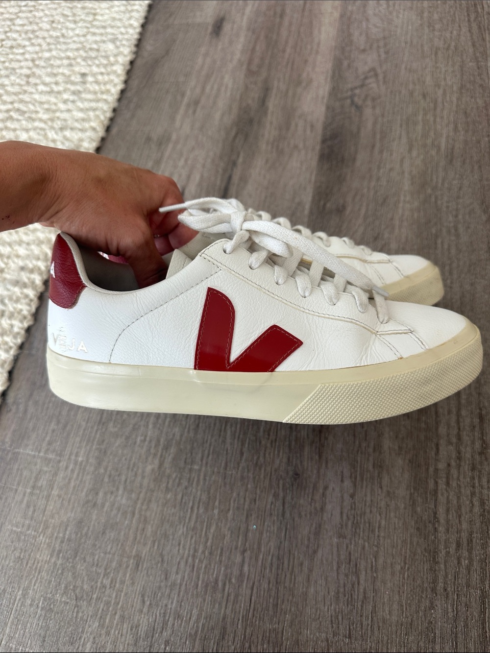 Veja White Leather Low-Top Sneakers with Red V Accent